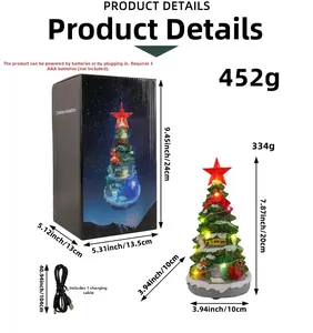 Macro detail of glowing Christmas tree music box with festive lights and USB power cable