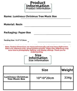 Size chart and technical specifications for the luminous resin Christmas tree music box