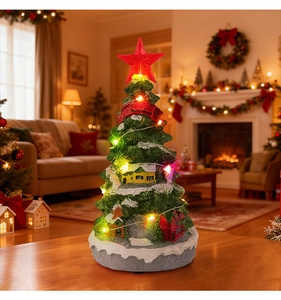 Close-up of lighted mini Christmas tree with snow effect, LED lights and micro landscape