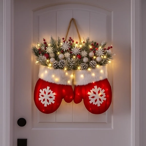Kerst Handschoen Krans Hangende Decoratie Met LED Verlichting Kunstmatige Dennenbessen Dennenappels Sneeuwvlok Wanten