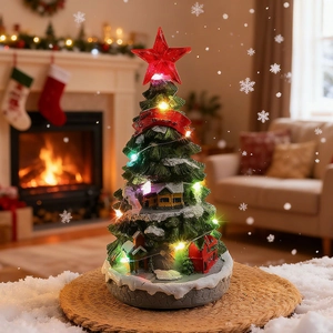 Illuminated tabletop Christmas tree music box with mini houses and warm LED lights