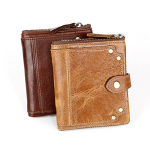 Détail de portefeuilles en cuir RFID vintage marron avec fermeture éclair et bouton pression