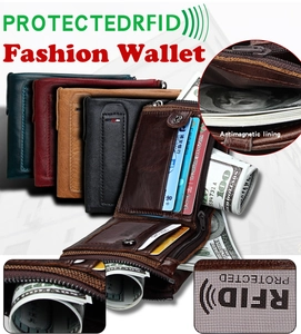 Detail view of RFID blocking leather wallet with multiple card slots and zipper closure