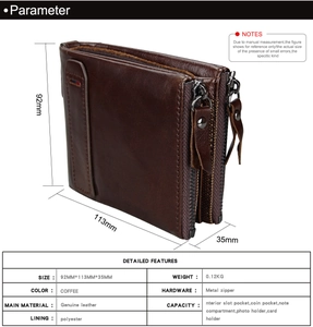 Detailed view of brown genuine leather wallet with double zippers and RFID protection