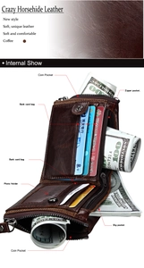 Detail of crazy horse leather wallet interior with RFID blocking and coin pocket