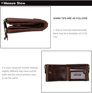 Detail view of RFID blocking leather wallet with multiple card slots and zipper pockets
