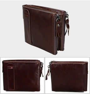 Detailed views of brown genuine leather wallet with RFID protection and tricolor ribbon