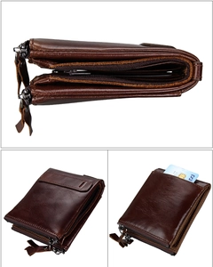 Detail of dark brown leather wallet showing multiple zippers and RFID blocking card slots