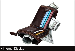 Detail view of genuine leather wallet interior with card slots and zipper pocket