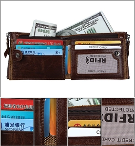 Detail view of brown leather wallet featuring multiple card slots and RFID protection