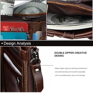 Detail view of brown leather wallet with RFID protection, double zippers and card slots