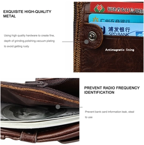 Detail of genuine leather wallet showing RFID blocking lining and durable metal snap