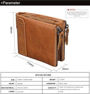 Detailed specifications of the brown genuine leather RFID wallet showing 113x92x35mm size