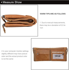 Detailed view of RFID blocking genuine leather wallet with multiple card slots and zip pocket