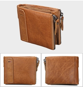 Detailed views of brown leather RFID wallet with multi-layer zippers and metal hardware