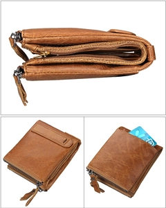 Detailed view of brown retro leather wallet featuring RFID protection and multi-card slots