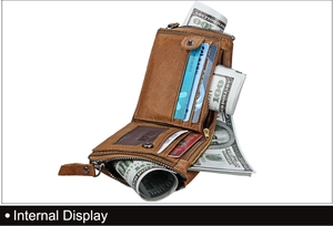 Detailed internal view of brown leather RFID wallet with card slots and coin pocket