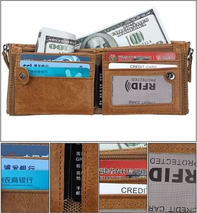 Detail of genuine leather wallet with RFID blocking slots and secure zipper pocket