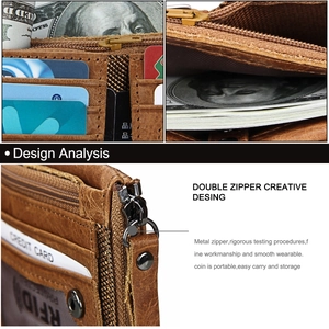 Detail of genuine leather wallet with RFID blocking slots and sturdy metal double zippers