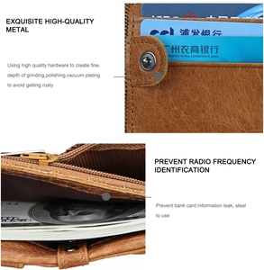 Macro view of RFID blocking leather wallet features durable card slots and metal zipper