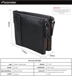 Detailed size specifications for RFID genuine leather wallet with 92x113x35mm dimensions