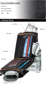 Detailed view of genuine leather wallet showing multiple card slots and coin pocket