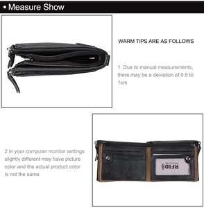 Detailed interior of black leather RFID wallet showing multiple card slots and dual zippers