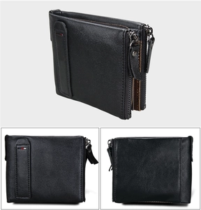 Detail view of black genuine leather RFID wallet with double zipper and tricolor ribbon