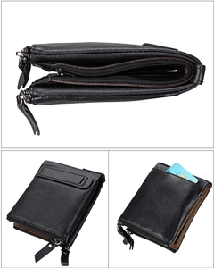 Three-way view of a black genuine leather tri-fold wallet with double zippers and card slots