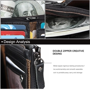 Detail of RFID genuine leather wallet showing dual metal zippers and multiple card slots
