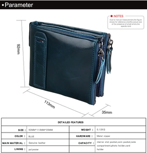 Detailed size chart of blue genuine leather RFID wallet with 3D dimension markings