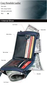 Macro detail of blue crazy horsehide leather wallet with RFID card slots and coin pocket