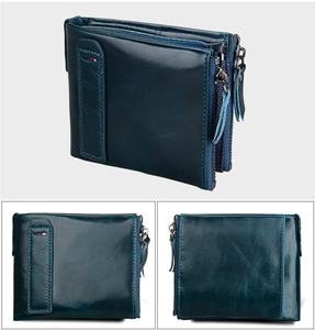 Detailed close-up of dark blue RFID leather wallet with multi-layer zipper and stripe detail