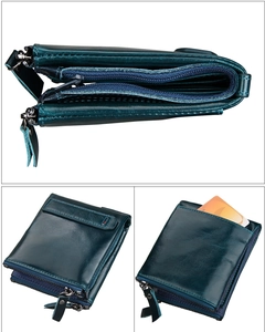 Detail view of dark green leather wallet with RFID blocking and double zip compartments