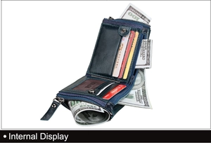 Internal display showing card slots and RFID protection inside navy leather wallet
