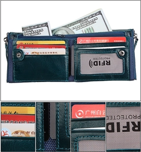 Detail view of RFID blocking leather wallet with multi-card slots and zippered pocket