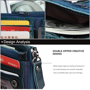 Detail of RFID genuine leather wallet showing dual metal zippers and multi-card slots