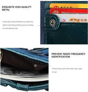 Detail of RFID blocking leather wallet featuring card slots and durable metal snap