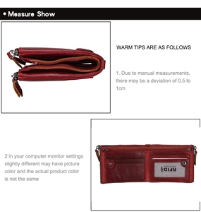 Detail of red leather RFID wallet showing interior card slots and zipper compartment