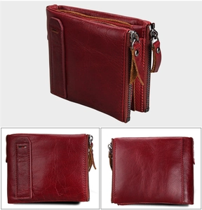 Detail of dark red leather multi-layer zipper wallet with RFID protection