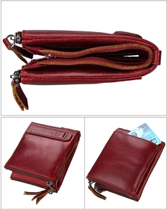 Detailed view of dark red leather wallet with RFID blocking and multi-zipper compartments