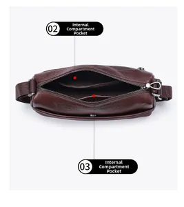 Detail view of the interior compartments and smooth metal zipper of the leather crossbody bag