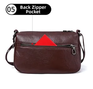 Detailed view of dark brown pebbled leather crossbody bag with back zipper pocket