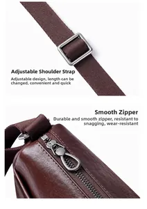Detail of adjustable nylon strap with silver metal buckle and smooth zipper on brown leather bag