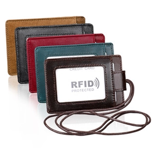 Detail view of multi-color leather card holders with RFID protection and transparent window