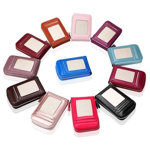 Detailed top view of multi-color leather card holders with transparent ID window and zippers