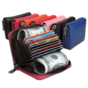 Detailed interior of RFID leather accordion card holder showing multiple slots and colors