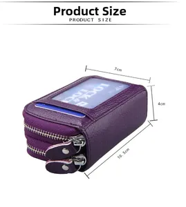 Détail du portefeuille RFID en cuir violet avec double fermeture éclair et dimensions
