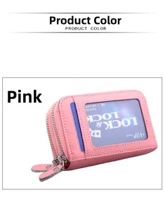 Porte-cartes rose en similicuir avec double fermeture éclair et fenêtre ID externe