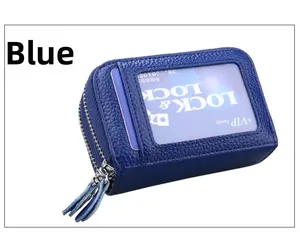 Détail du porte-cartes bleu en cuir avec protection RFID, fente transparente et zip métallique